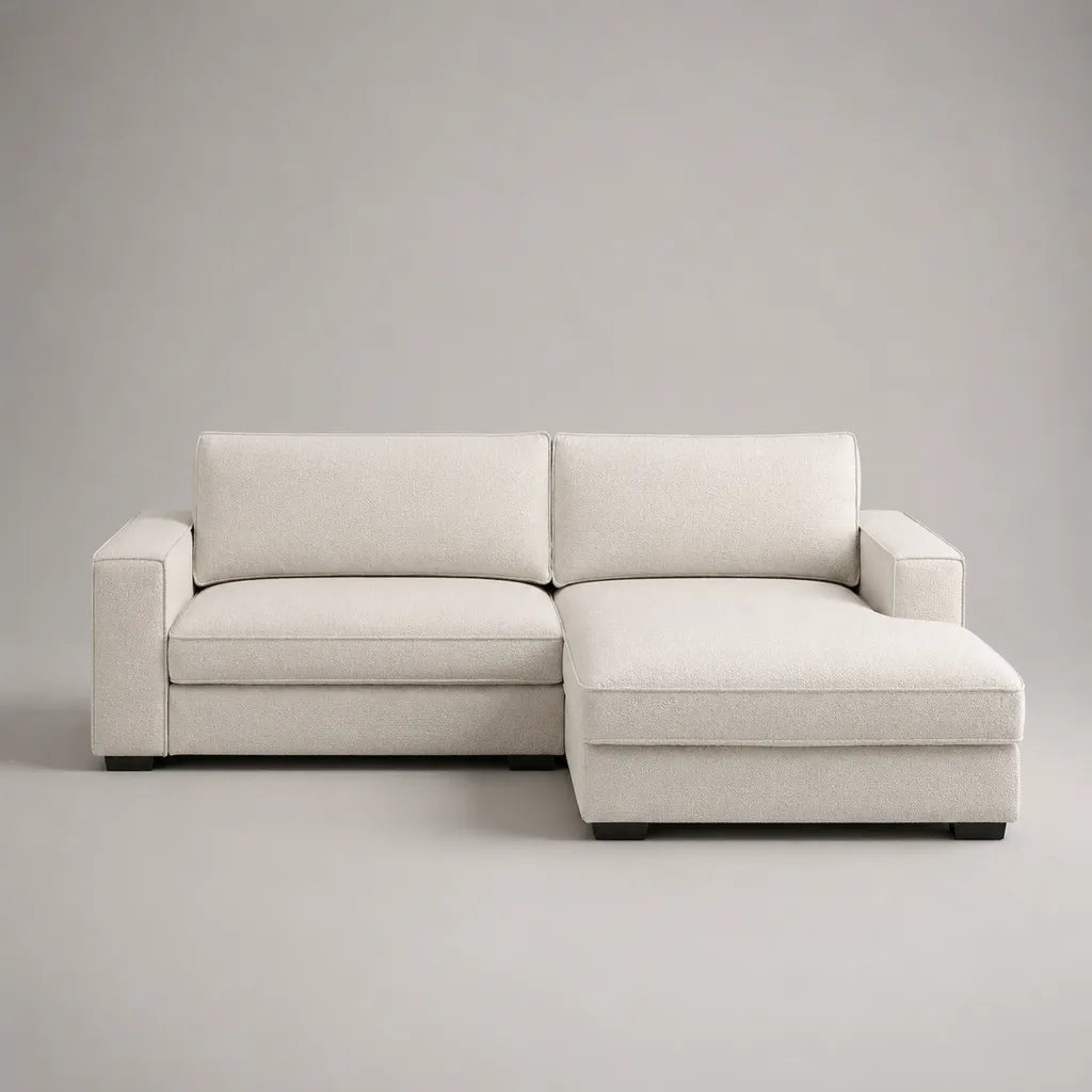 Divano angolo a 3 posti in tessuto con meridiano dritto, avorio, 220 × 150 × 85 cm