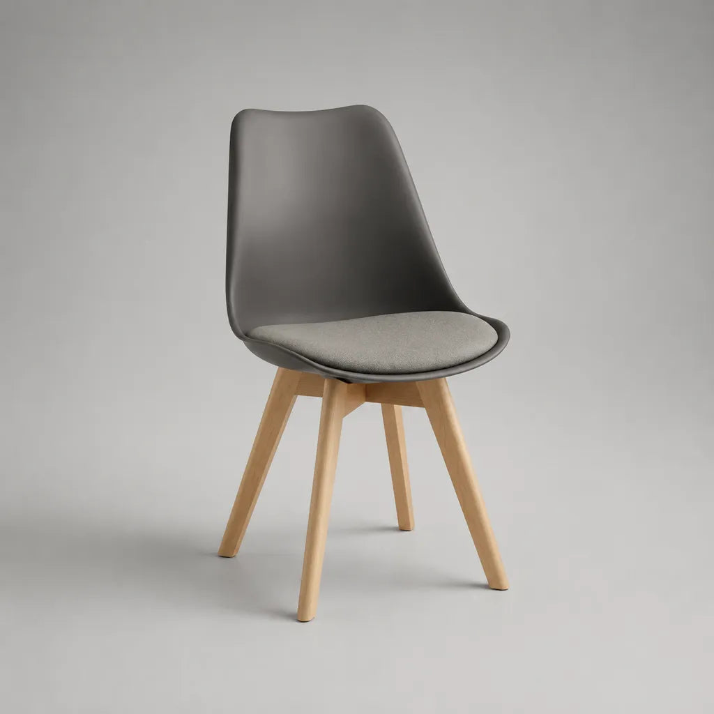 Sedia da pranzo in plastica con seduta in tessuto e piedi in legno, grigio antracite e grigio chiaro, 48 × 55 × 82 cm