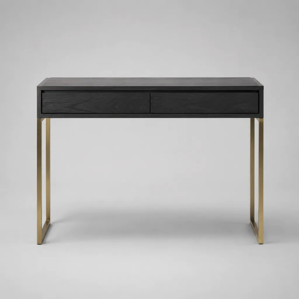 Consolle rettangolare da tavolo con 2 cassetti in MDF e acciaio, nero e oro, 100 × 35 × 80 cm