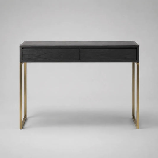 Consolle rettangolare da tavolo con 2 cassetti in MDF e acciaio, nero e oro, 100 × 35 × 80 cm