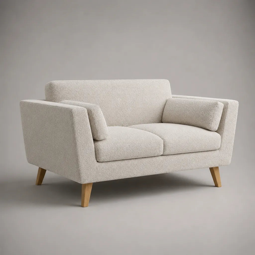 Divano rettangolare a 2 posti in fibbia in poliestere ecru con piedi eva solidi, 150 × 82 × 82 cm