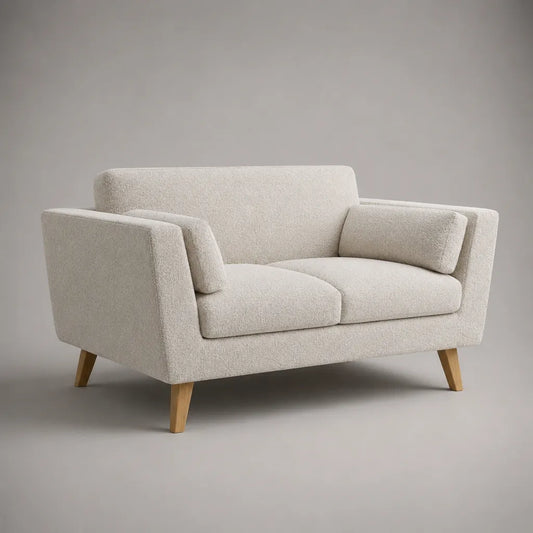 Divano rettangolare a 2 posti in fibbia in poliestere ecru con piedi eva solidi, 150 × 82 × 82 cm