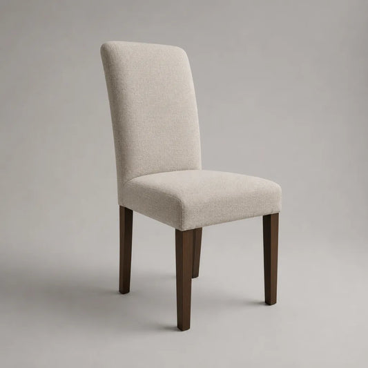 Sedia imbottita in tessuto beige con piedi in legno marrone scuro, 47 × 56 × 98 cm