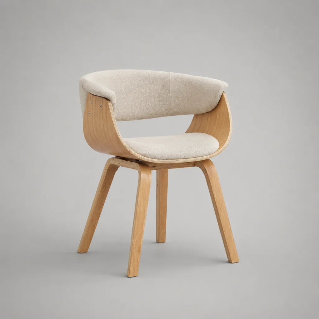 Sedia imbottita in tessuto e legno, schienale curvato con braccioli, beige e rovere naturale, 58 × 56 × 78 cm