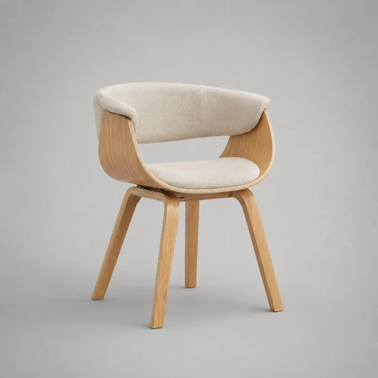 Sedia imbottita in tessuto e legno, schienale curvato con braccioli, beige e rovere naturale, 58 × 56 × 78 cm