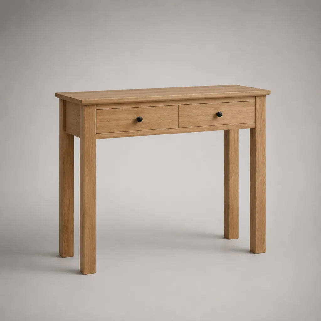 Consolle rettangolare in rovere massello con 2 cassetti, rovere naturale e nero, 100 × 35 × 80 cm