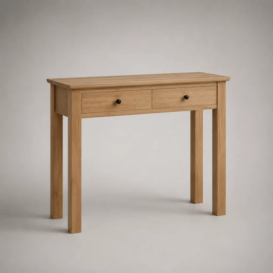 Consolle rettangolare in rovere massello con 2 cassetti, rovere naturale e nero, 100 × 35 × 80 cm