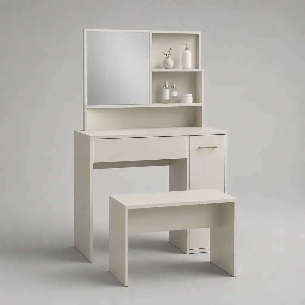 Set parrucchiere in legno con specchio, stoccaggio e sgabello, bianco rotto e dorato, 100 × 40 × 145 cm