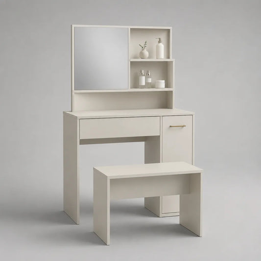 Set parrucchiere in legno con specchio, stoccaggio e sgabello, bianco rotto e dorato, 100 × 40 × 145 cm