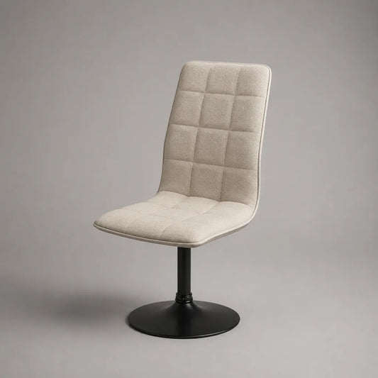 Sedia girevole imbottita in tessuto beige con piede centrale in metallo nero, 48 × 56 × 88 cm