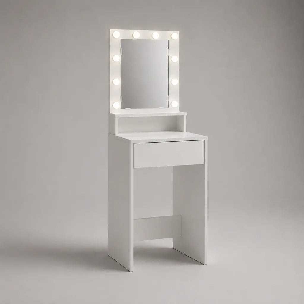 Parrucchiere in legno bianco con specchio luminoso, 10 lampadine a LED, cassetto e ripiano, 60 × 40 × 135 cm