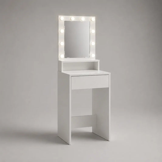 Parrucchiere in legno bianco con specchio luminoso, 10 lampadine a LED, cassetto e ripiano, 60 × 40 × 135 cm