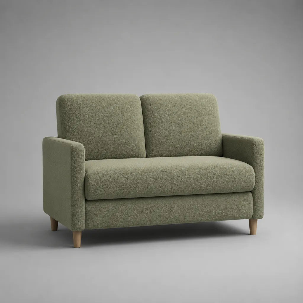 Divano 2 posti a sedere in tessuto verde salvia ricci e legno naturale, 145 × 82 × 85 cm