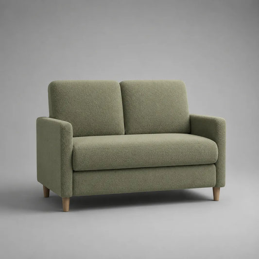 Divano 2 posti a sedere in tessuto verde salvia ricci e legno naturale, 145 × 82 × 85 cm