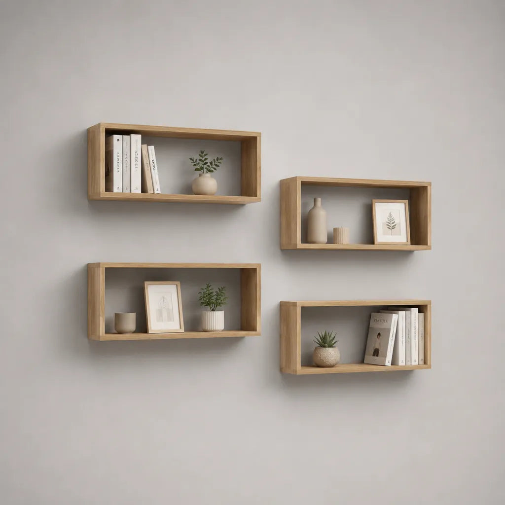 Lotto di 4 ripiani a parete rettangolare in legno MDF, rovere naturale, 60 × 15 × 25 cm