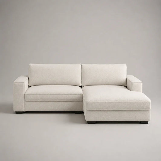 Divano angolo a 3 posti in tessuto con meridiano dritto, avorio, 220 × 150 × 85 cm