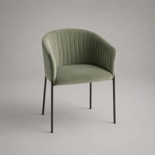 Sedia da pranzo con braccioli in tessuto verde salvia e piedi in metallo nero, 58 × 59 × 80 cm