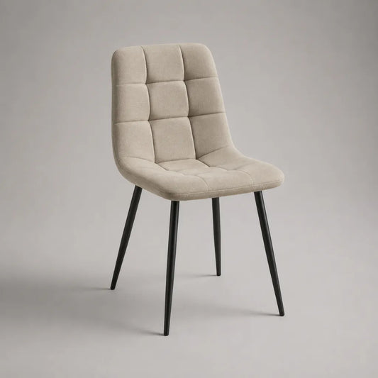 Sedia imbottita in poliestere beige con schienale arrotondato e piedini in acciaio nero, 50 × 58 × 86 cm