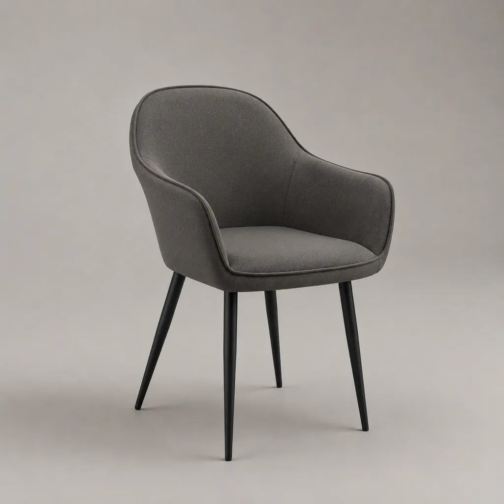 Sedia da pranzo con braccioli in tessuto grigio antracite e piedi in acciaio nero, 59 × 60 × 84 cm